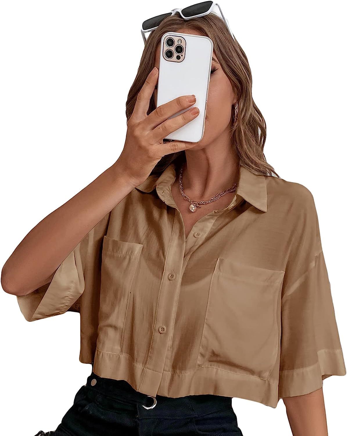 Falainetee Women's Pocket Half Sleeve Button Front Summer Oversized Crop Blouse Tops | Amazon (US)