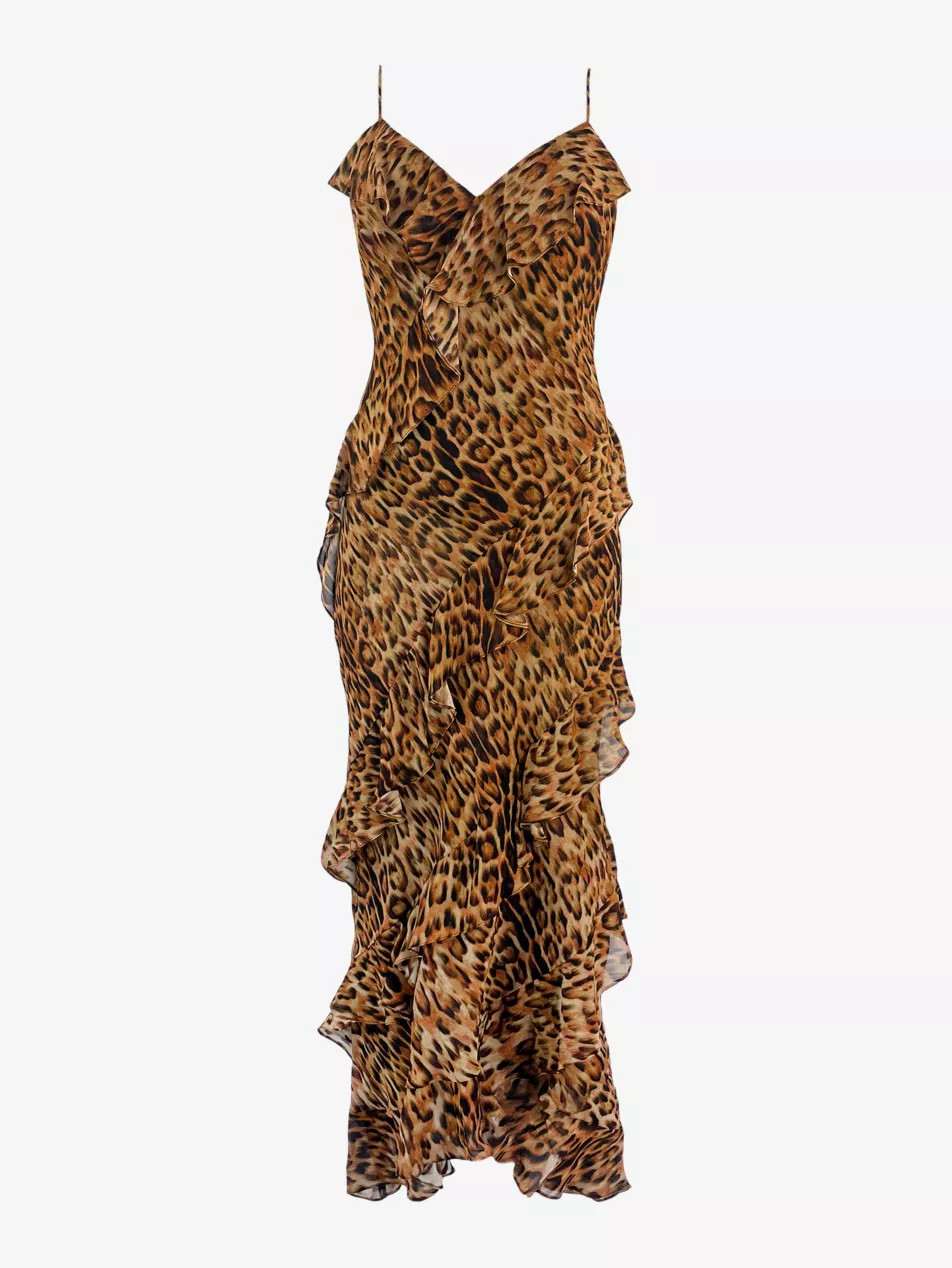 Kirstee leopard-print ruffle-trim woven maxi dress | Selfridges
