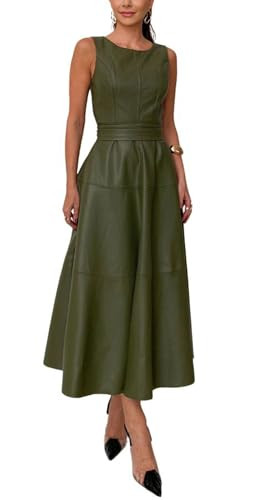 CHARTOU Women PU Faux Leather Sleeveless Elegant Flowy Long Dress Party Night Out Dress with Belt (X-Small, Green) | Amazon (US)