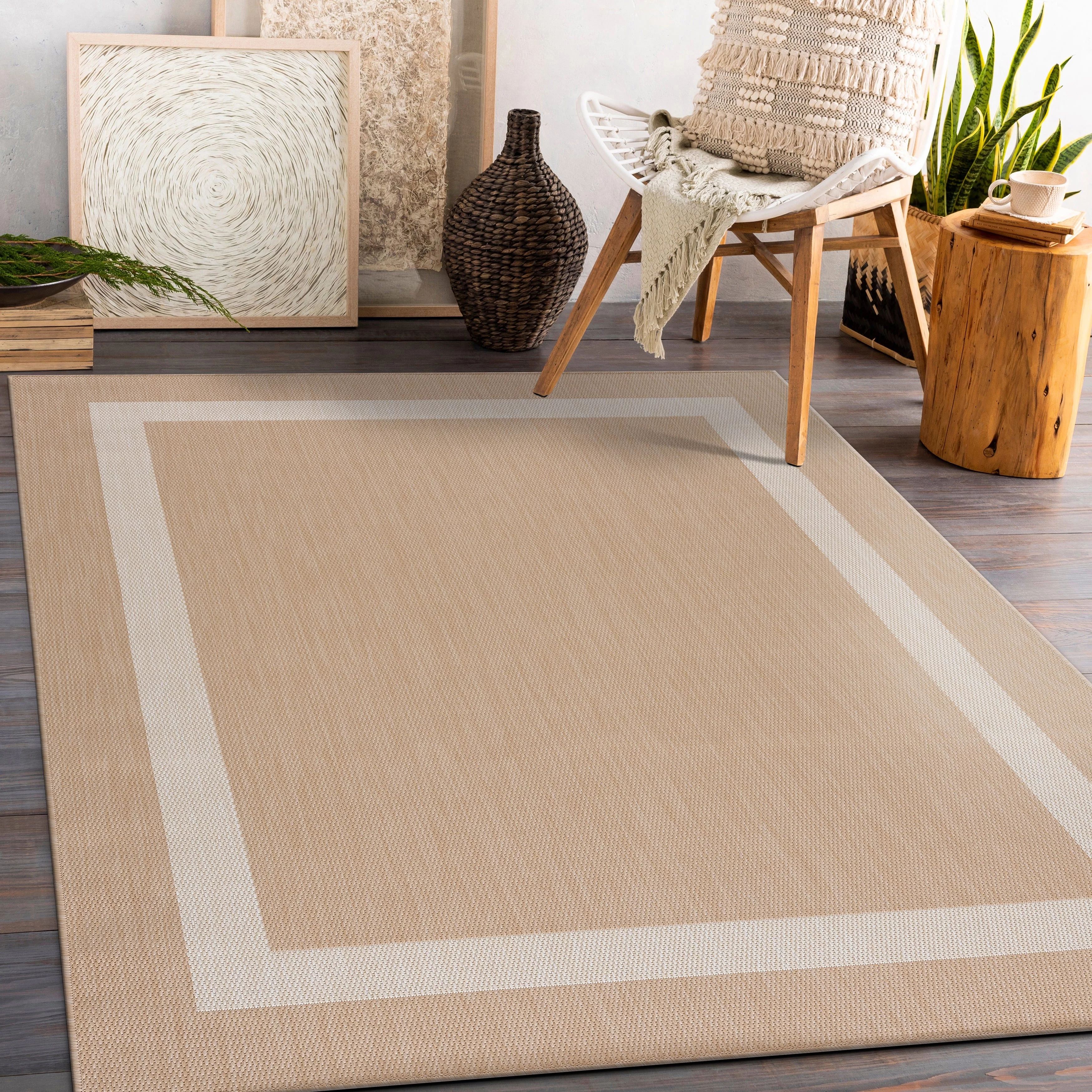 Camilson Outdoor Rug - 5'3x7'0" Rugs for Indoor Outdoor Patios, Bordered Beige/White Washable Out... | Walmart (US)
