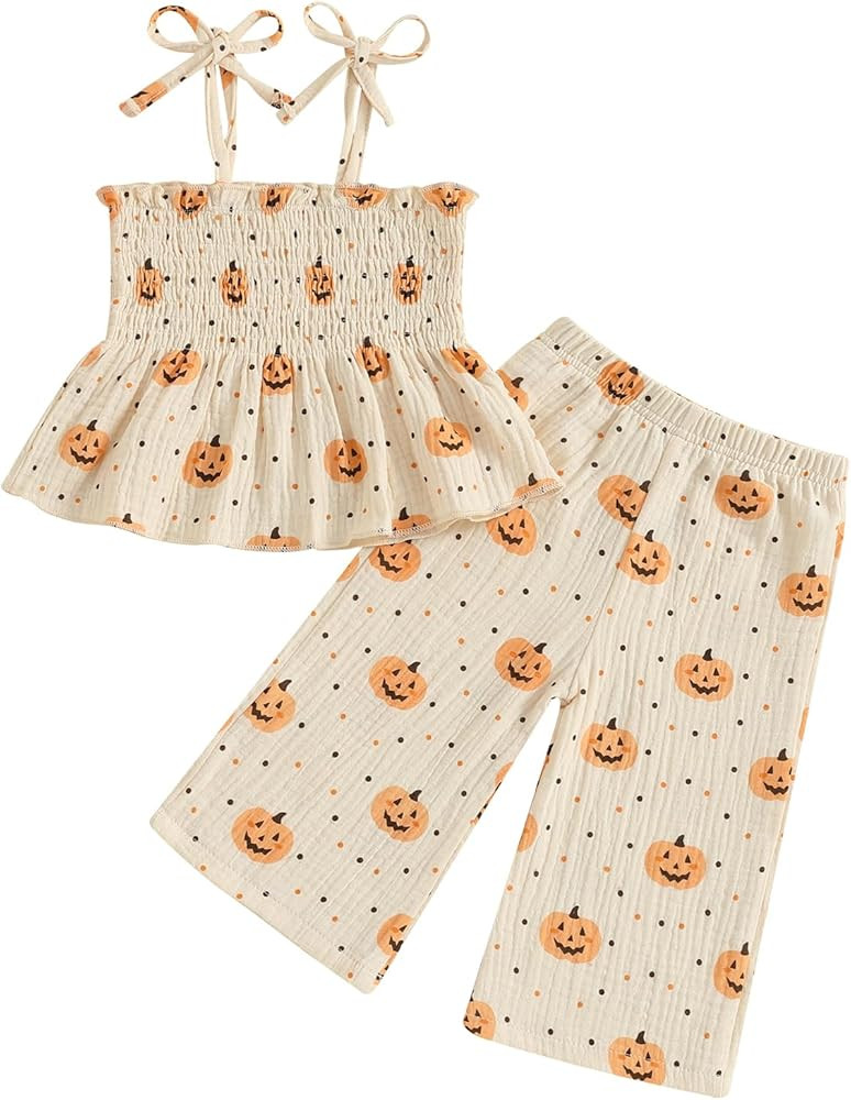 VISGOGO Halloween Toddler Girl Outfit Pumpkin Smocked Tie-up Spaghetti Strap Tops Leg Pants Hallo... | Amazon (US)