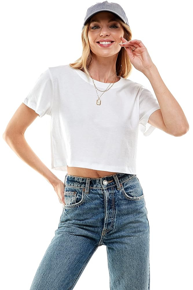 Women's Boxy Crop Top Round Neck Short Sleeve Casual 100% Cotton Cropped Tee T-Shirt | Amazon (US)