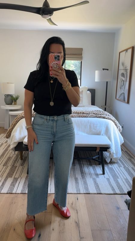 These jeans are jeans I would travel in. They are so comfortable! They are stretchy but hold me in without feeling tight or restricting. I’m a size 10 wearing a size 29 and a large in the t-shirt. Shoes fit tts (size down if you are between sizes). Blazer size medium (size down)  

#LTKSaleAlert #LTKMidsize #LTKOver40