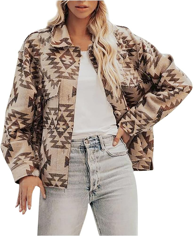 Aztec Print Shirt Jacket Women Button Down Lapel Long Sleeve Shacket Jacket | Amazon (US)