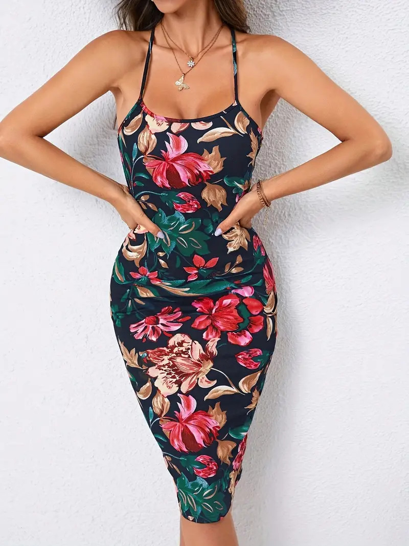 Floral Print Crisscross Backless Dress Elegant Sleeveless - Temu | Temu Affiliate Program