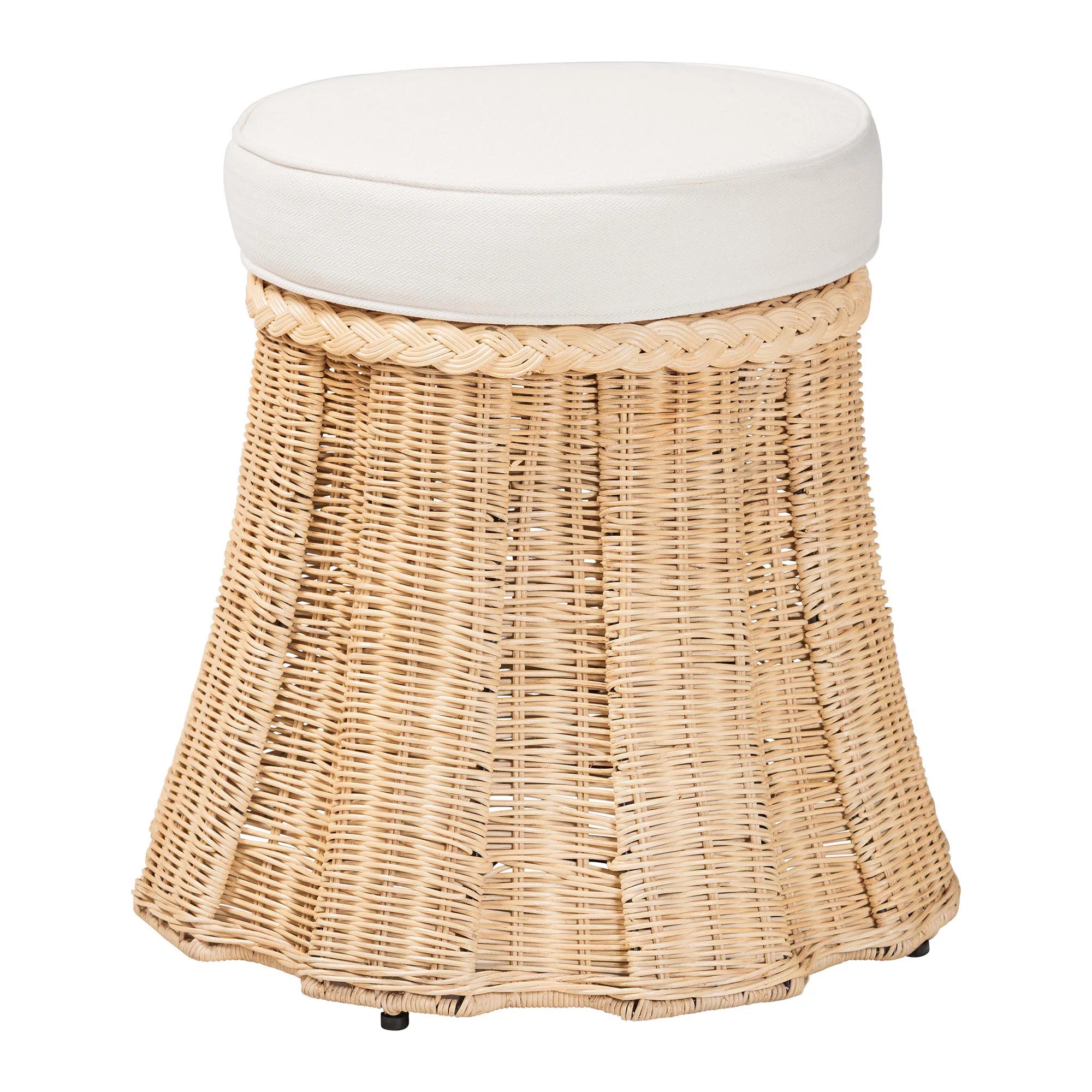 Bali & Pari Ying Round Natural Rattan Ottoman With Cushion - Handwoven Wicker Pleated Skirt Accen... | Wayfair North America