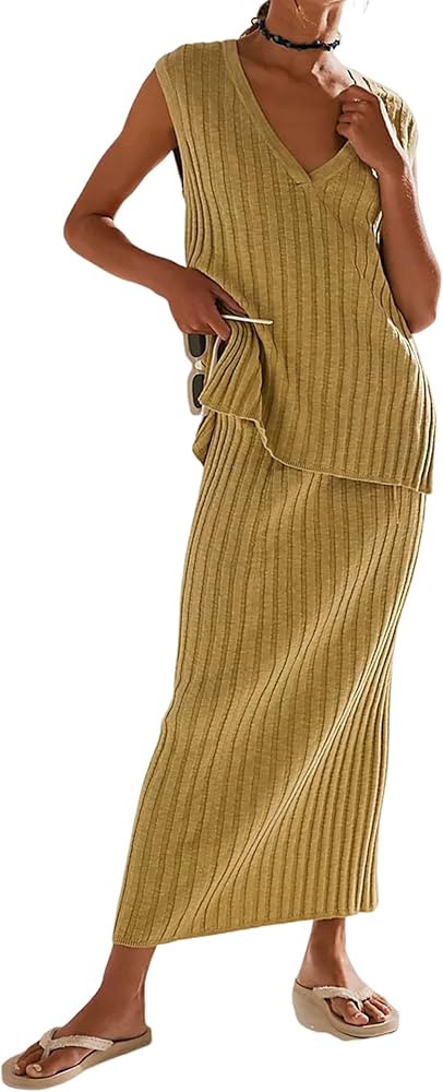 SCUSTY Women's 2 Piece Sweater Skirt Sets Sleeveless V Neck Knit Ribbed Vest Tops Midi Skirt | Amazon (US)