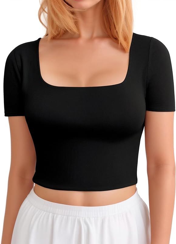 CLOZOZ Crop Tops for Women Square Neck Tops Short Sleeve Crop Tops Basic Cropped T Shirts for Women  | Amazon (US)