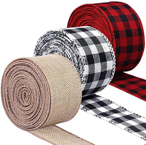 URATOT 3 Rolls Christmas Burlap Ribbon Plaid Wired Ribbon Gingham Wrapping Ribbon for Christmas D... | Amazon (US)