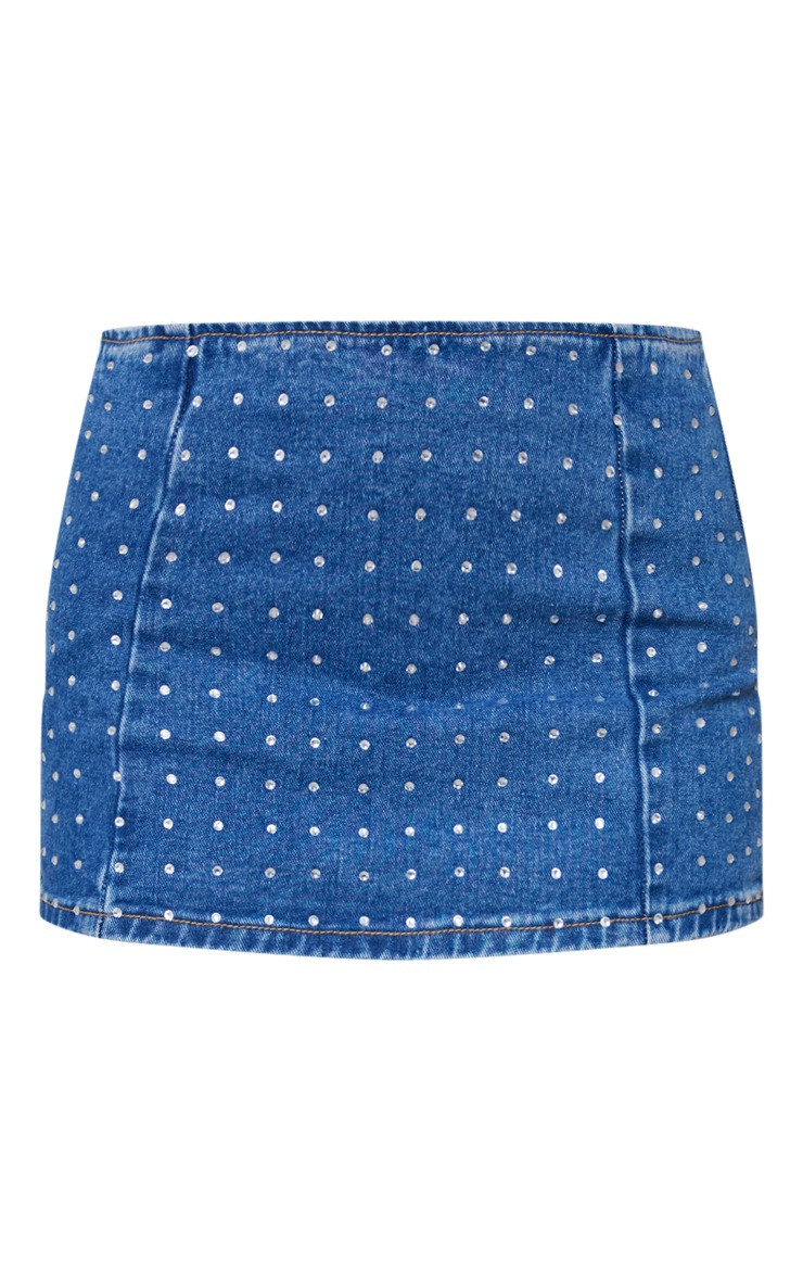 Mid Blue Wash Diamanté Detail Denim Mini Skirt | PrettyLittleThing US