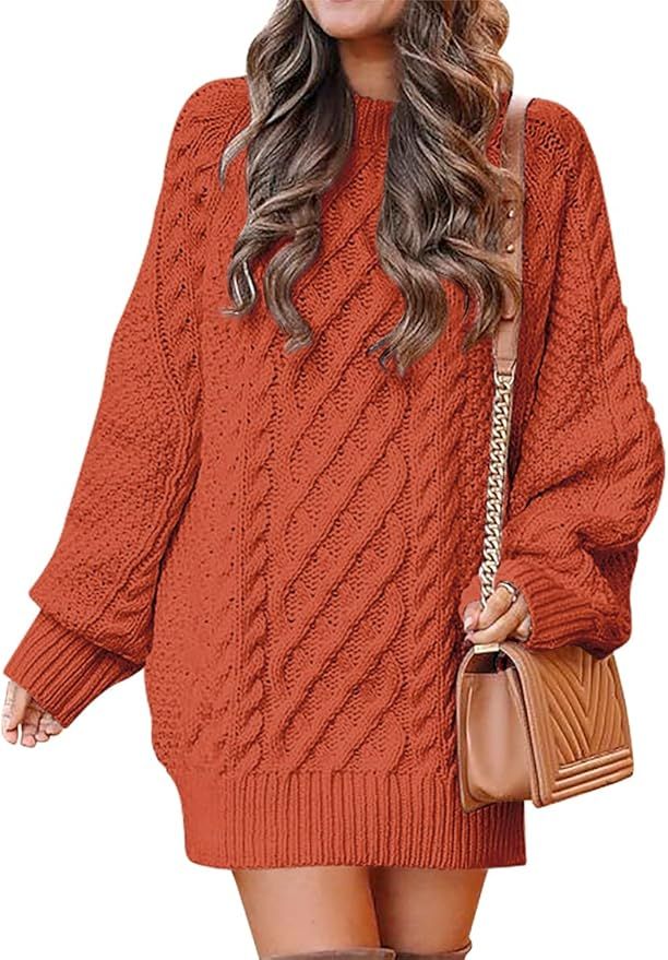 ANRABESS Womens Long Sleeve Chunky Cable Knit Loose Oversized Baggy Tunic Sweater Mini Dress 412x... | Amazon (US)