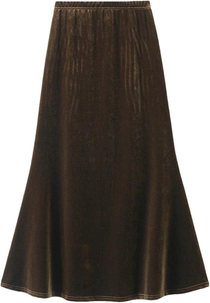 Women's Fall Winter Elastic High Waist Velvet Midi Long Pleated Mermaid Flowy Swing Ruffled A-lin... | Amazon (US)