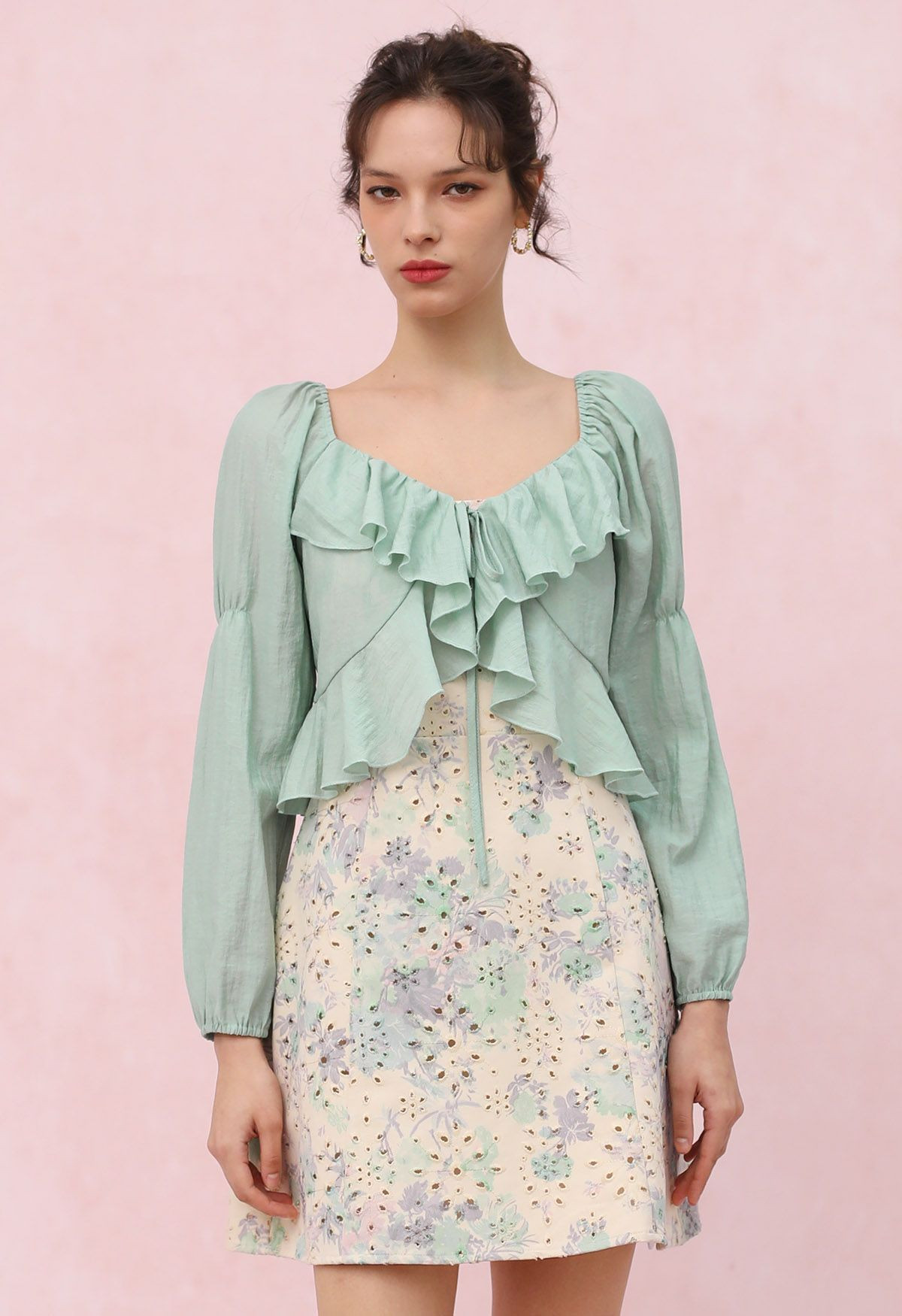 Ruffle Tie-Front Crop Top in Mint | Chicwish
