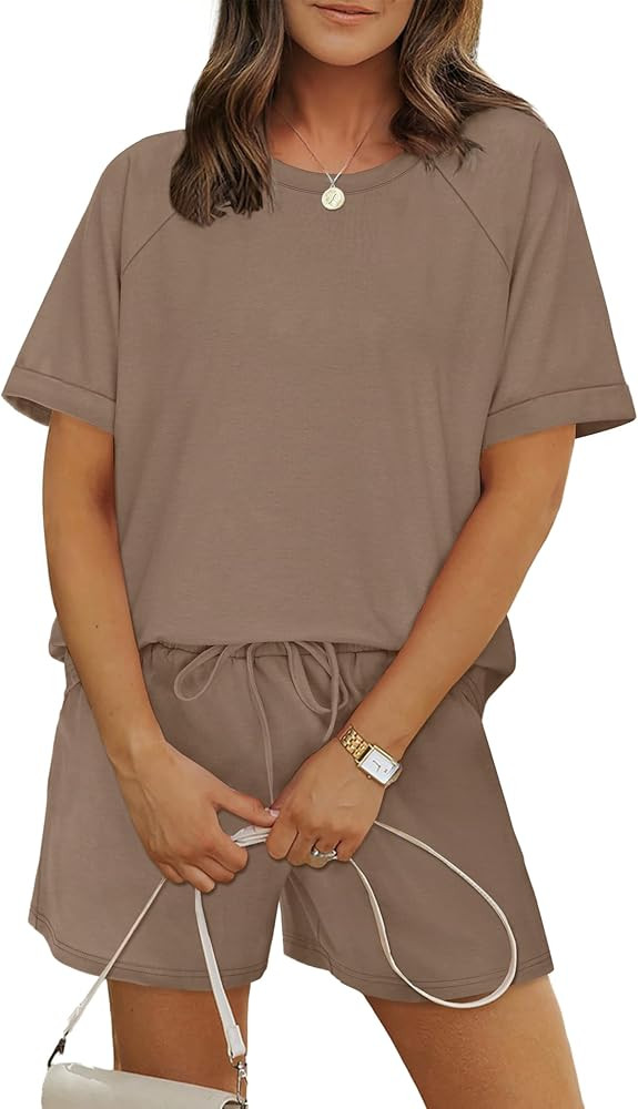 WIHOLL Two Piece Short Sets for Women Casual Summer Outfits Short Sleeve Crew Neck Lounge Matchin... | Amazon (US)