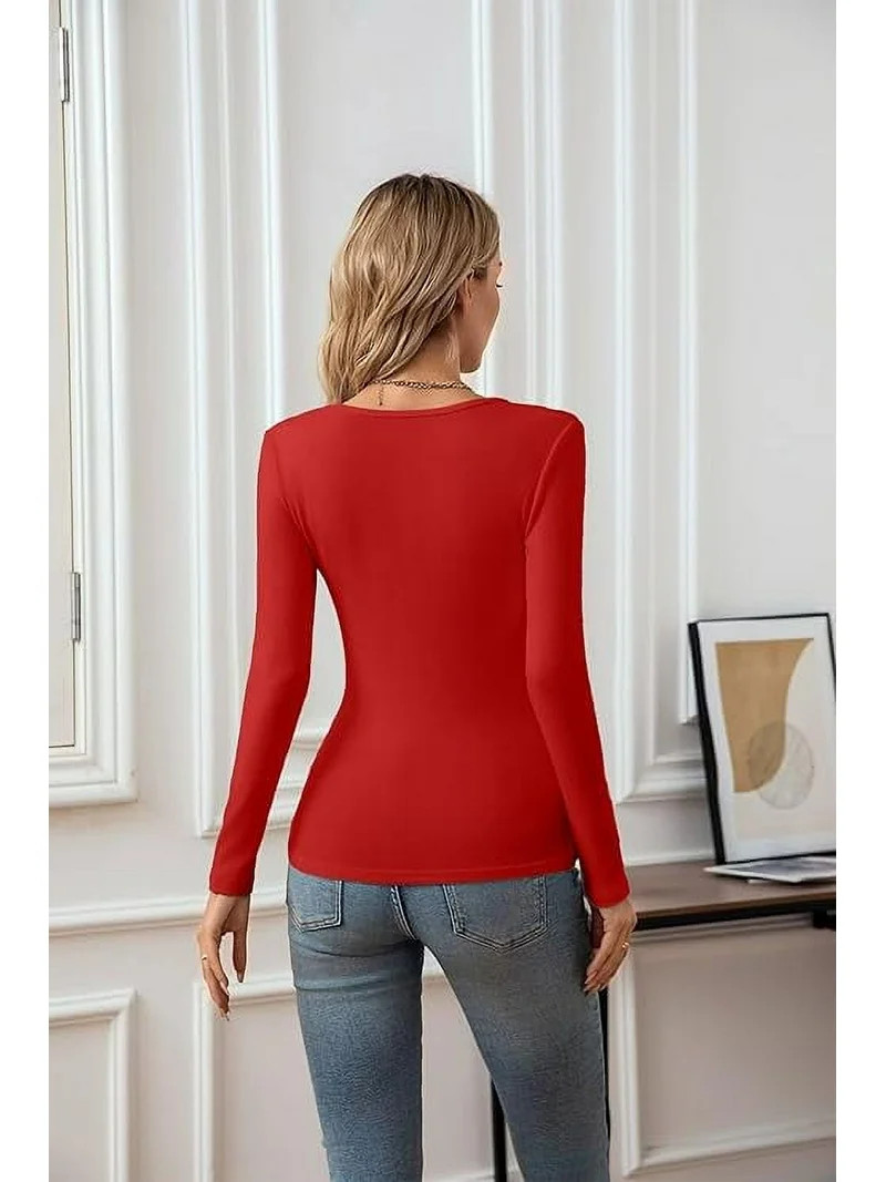 VICHVVY Women's Scoop Neck Long sleeve Shirts Ribbed Slim Fitted Casual Basic Top Blouses Fall Wi... | Walmart (US)