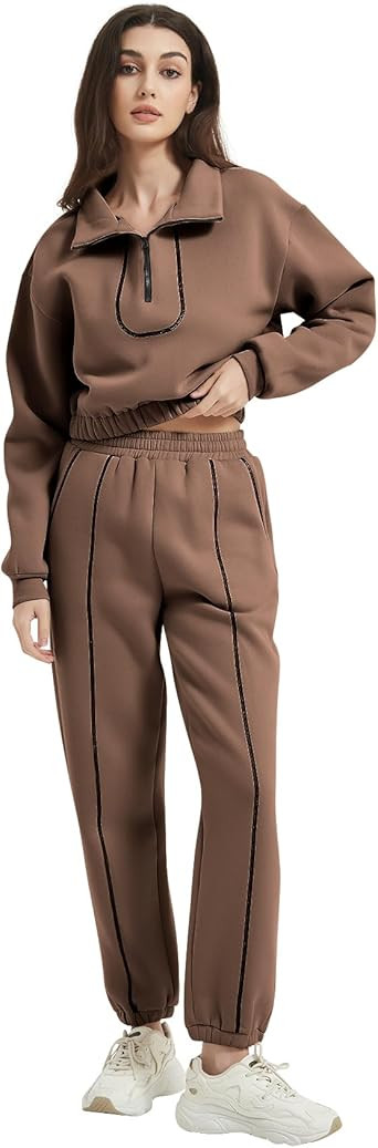 Rousytn Women's 2 Piece Fleece Sweatsuit Outfit Half Zip Pullover Sweatshirt and Drawstring Jogge... | Amazon (US)