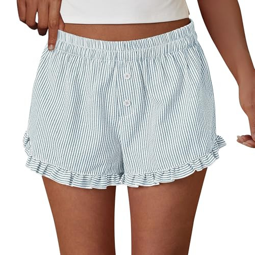 PRETTYGARDEN Womens Boxer Shorts Y2K Ruffle Pajama 2026 Summer Spring Lounge Sleep Striped Casual Beach Pj Bottoms Pockets (Striped Light Blue,Medium) | Amazon (US)