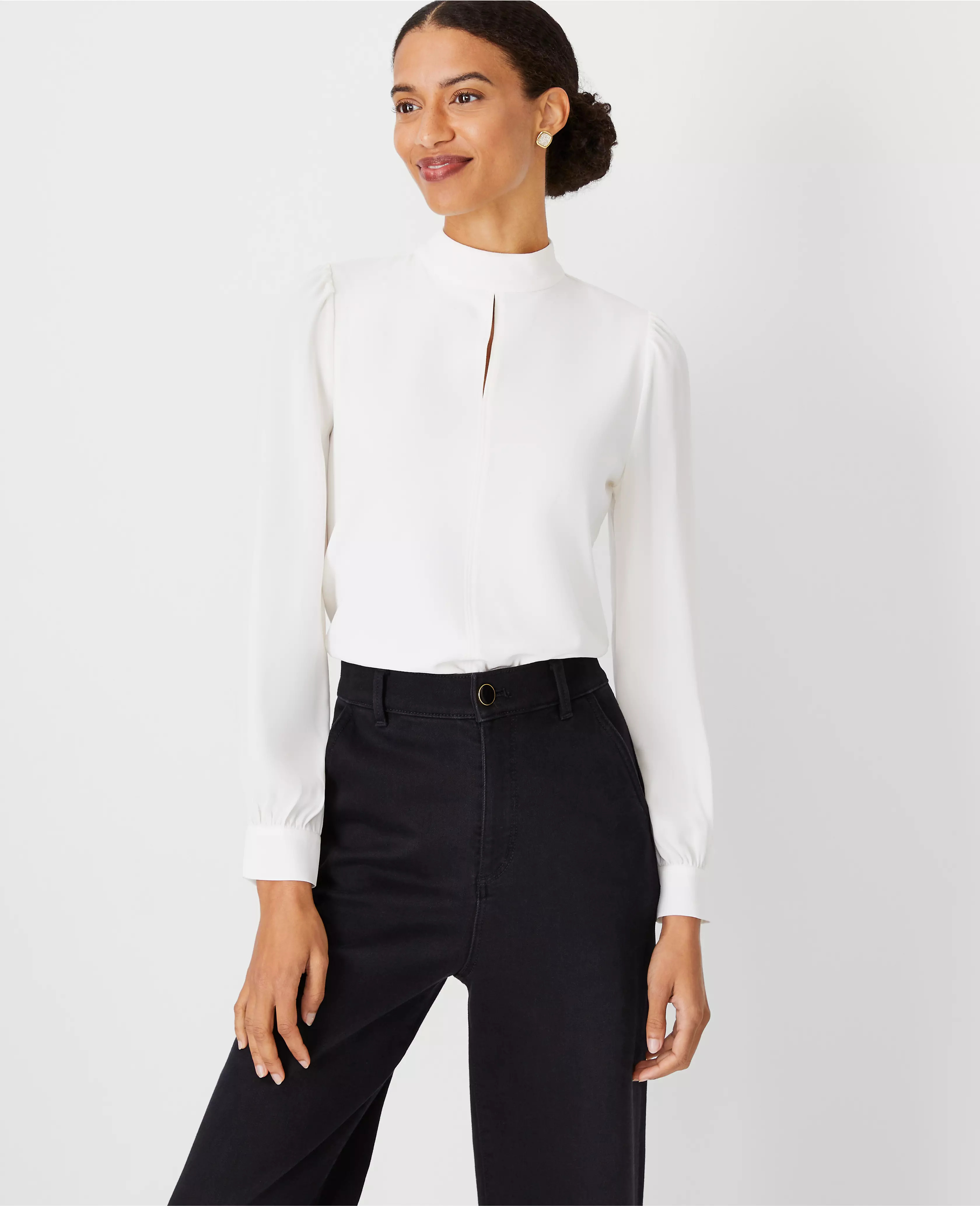 Mixed Media Keyhole Mock Neck Top | Ann Taylor (US)