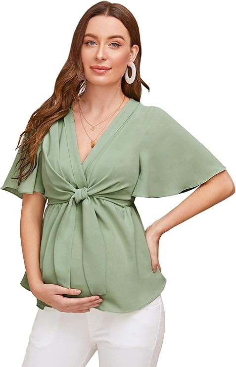 Floerns Women's Casual Maternity Flutter Sleeve Tie Front Peplum Blouse Tops | Amazon (US)