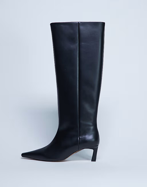 Topshop Taz premium leather knee high heeled boots in black | ASOS (Global)