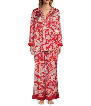 Dreamy Days Allover Printed Satin Notch Collar Long Sleeve Wide Leg Oversized Pajama Set | Dillard's