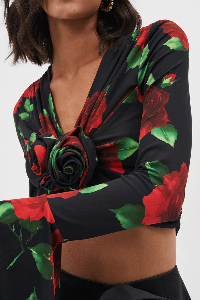 70's Bell Sleeve Black Print Jersey Crop Top | Desordre (AU)