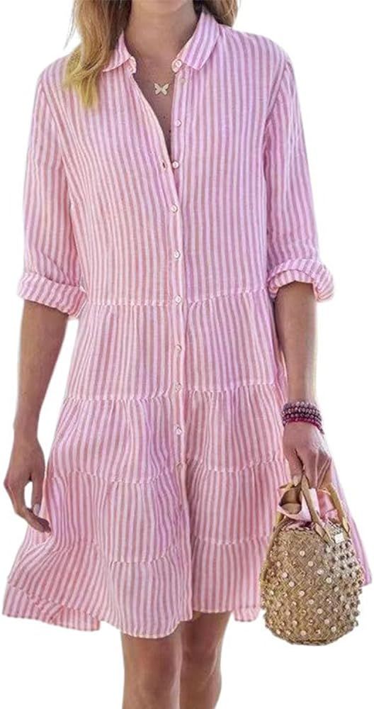utcoco Womens Striped Button Down Midi Shirt Dress Casual Loose Cuffed Long Sleeve Mid Long Dress... | Amazon (US)