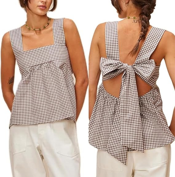 KOSUSANILL Y2k Gingham Tank Top Women Sleeveless Backless Square Neck Ruffle Peplum Babydoll Cami... | Amazon (US)