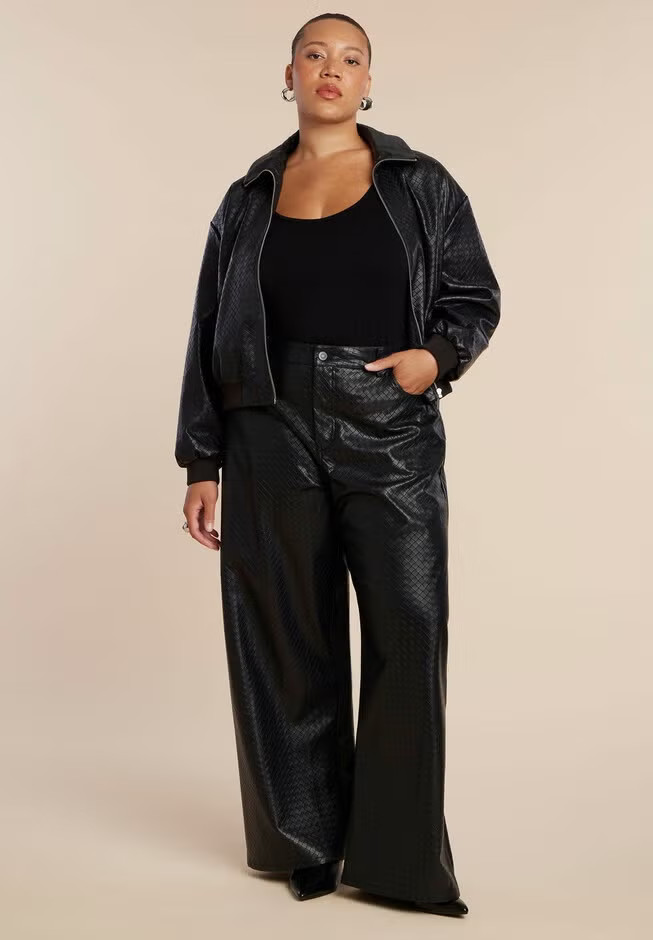 Basket Weave Faux Leather Wide Leg Pant | Eloquii