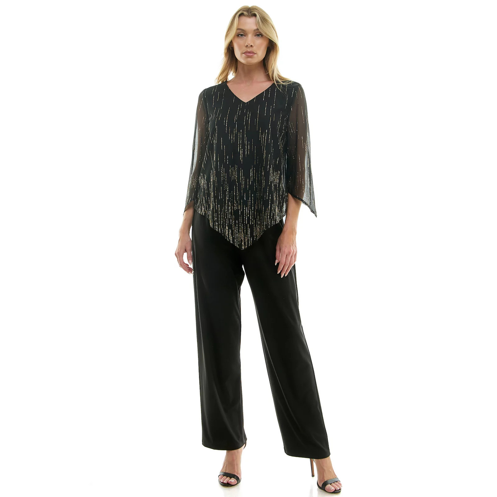 Women's Luxology 2-Piece V-Neck Blouse & Straight Leg Pants Set, Size: Large, Black Gold | Kohl's
