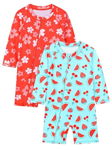 AlisOker 2 Pack Toddler Baby Girls One Piece Rash Guards Baby Kid UPF 50+ Long-Sleeve Dry Fit Zip Swimsuit for Summer Beach | Amazon (US)