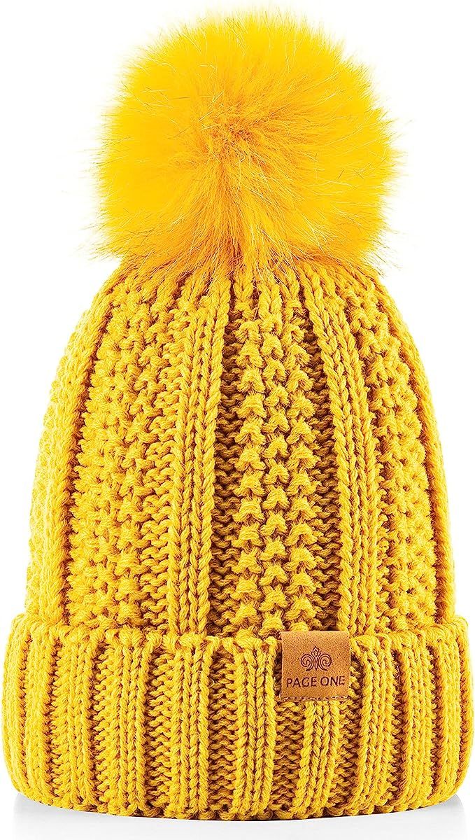 PAGE ONE Womens Winter Thick Cable Knit Beanie Faux Fur Pom Hat Fleece Lined Skull Cap | Amazon (US)