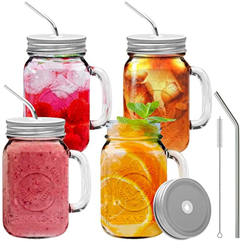 brimley 16oz Glass Mason Jar Set of 4 with Lid and Straw - Mason Jars with Handle for Cold Drinks - Glass Mason Jars with Metal Mason Jar Lids with Stainless Steel Straws and Straw Hole | Amazon (US)