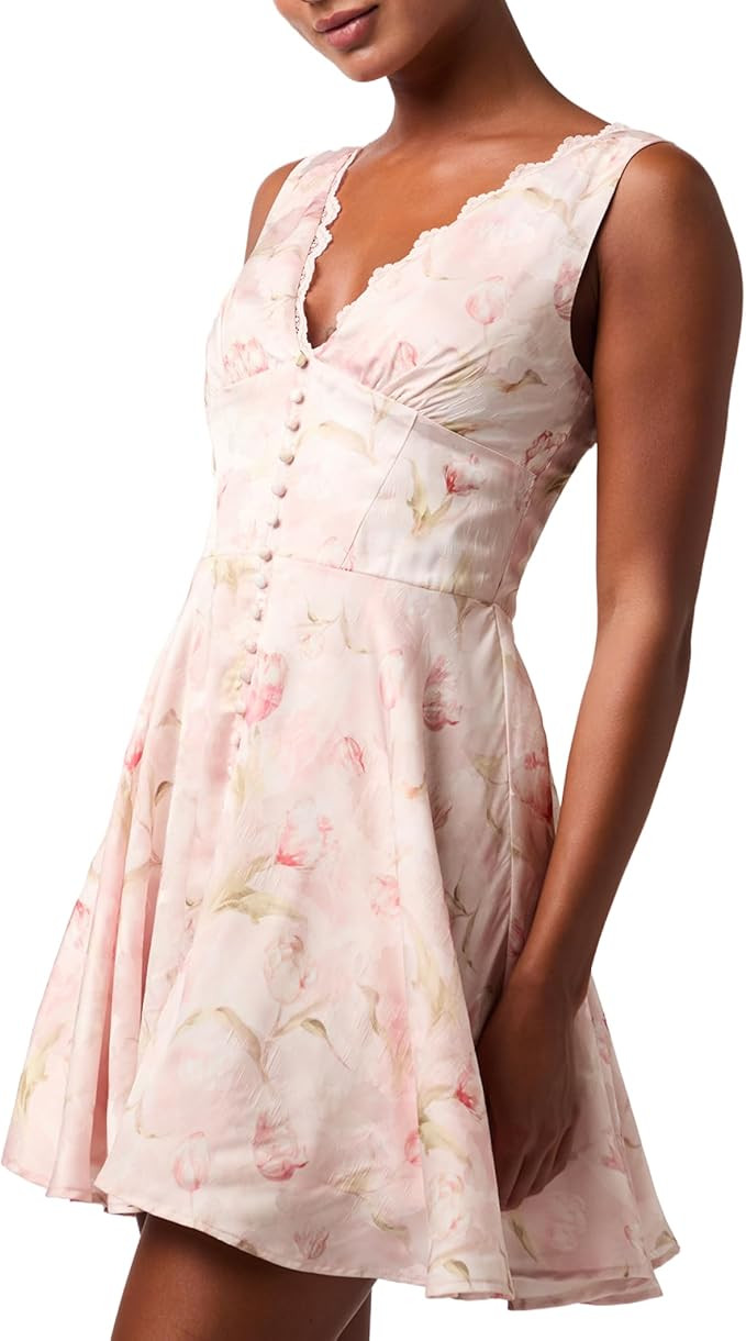 Lulus Shy Scallop Lace Trim Corset Waist Mini Dress – Garden Party Dress for Women | Amazon (US)