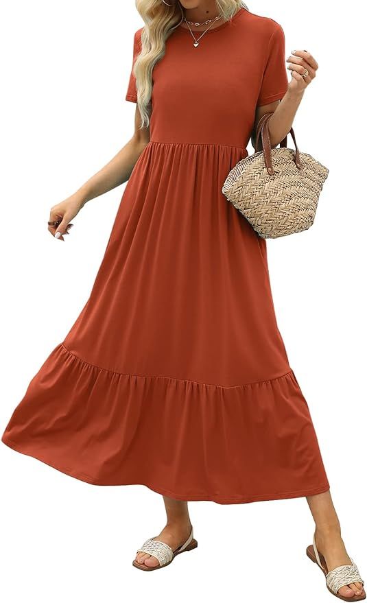 LILLUSORY Womens Short Sleeve Crew Neck Tiered Flowy Swing Midi Dresses with Pockets | Amazon (US)