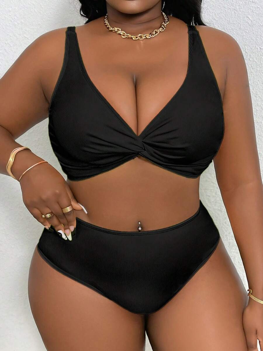 SHEIN Slayr 2pcs/Set Women Plus Size Solid Color Adjustable Strap Tankini Swimwear Set, Fashionab... | SHEIN