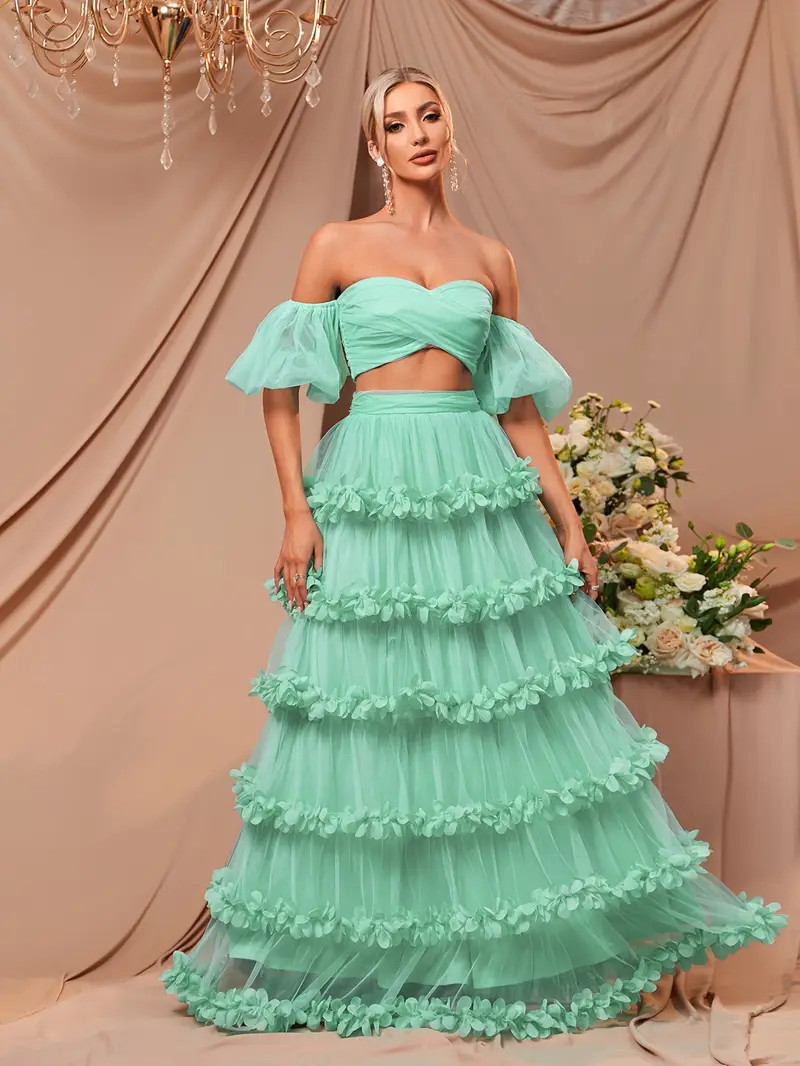 Solid Two piece Skirt Set Puff Sleeve shoulder Crop Top - Temu | Temu Affiliate Program