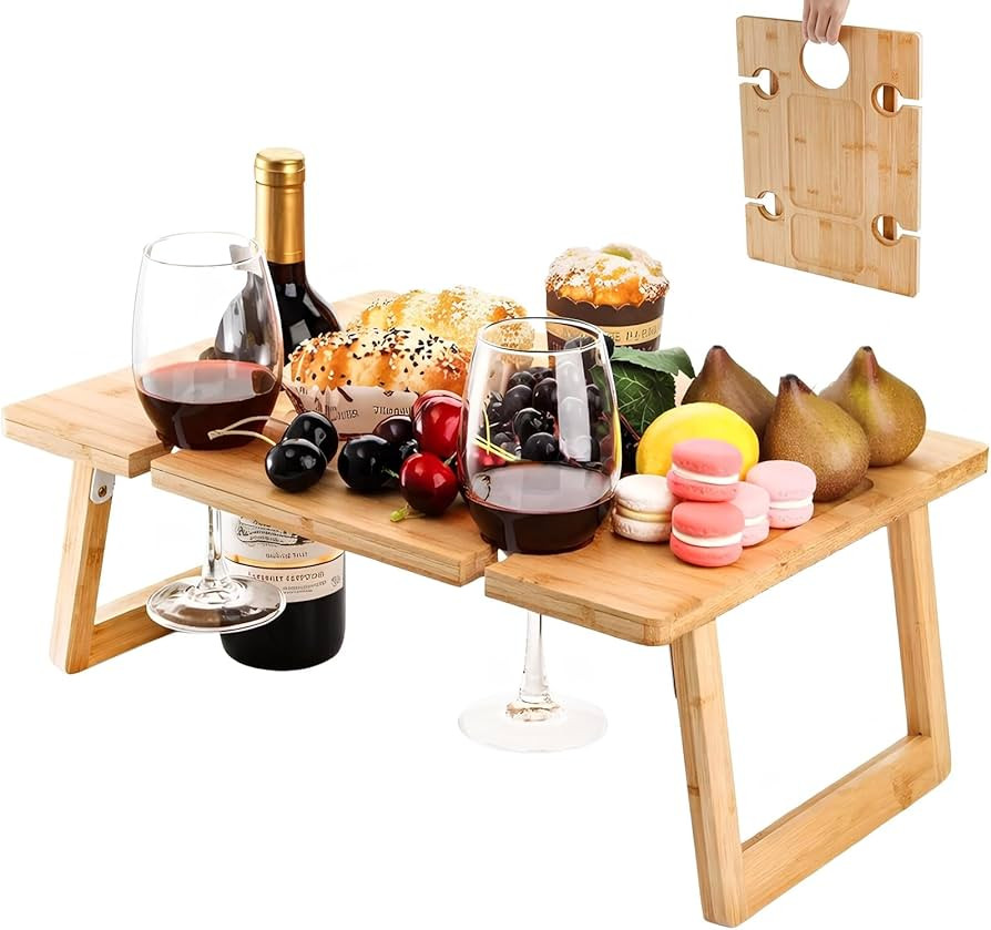 Peohud Portable Wine Picnic Table, Foldable Champagne Picnic Snack Table Tray, Wooden Outdoor Pic... | Amazon (US)
