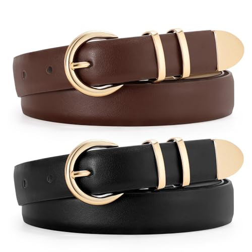 JASGOOD 2 Pack Women's Leather Belts with Gold Buckle Fashion Leather Waist Belt Elegant Ladies Belts for Jeans Dress,Black+Dark Coffee | Amazon (US)