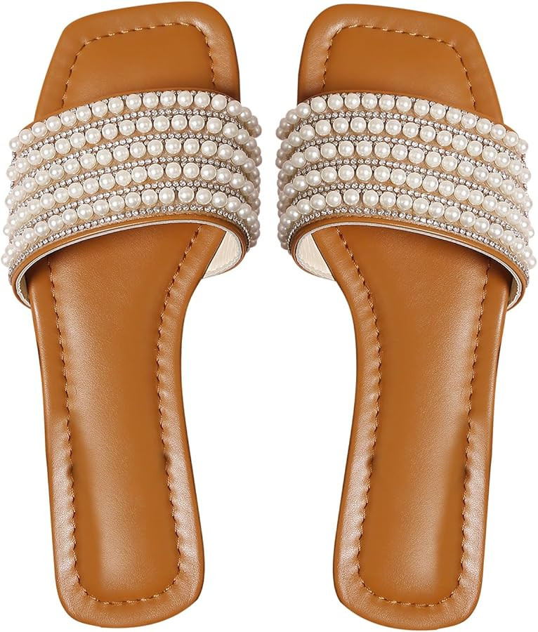 OYOANGLE Women's Pearl Bead Square Open Toe Slide Sandals Summer Indoor Outdoor Slip on Flat Sand... | Amazon (US)