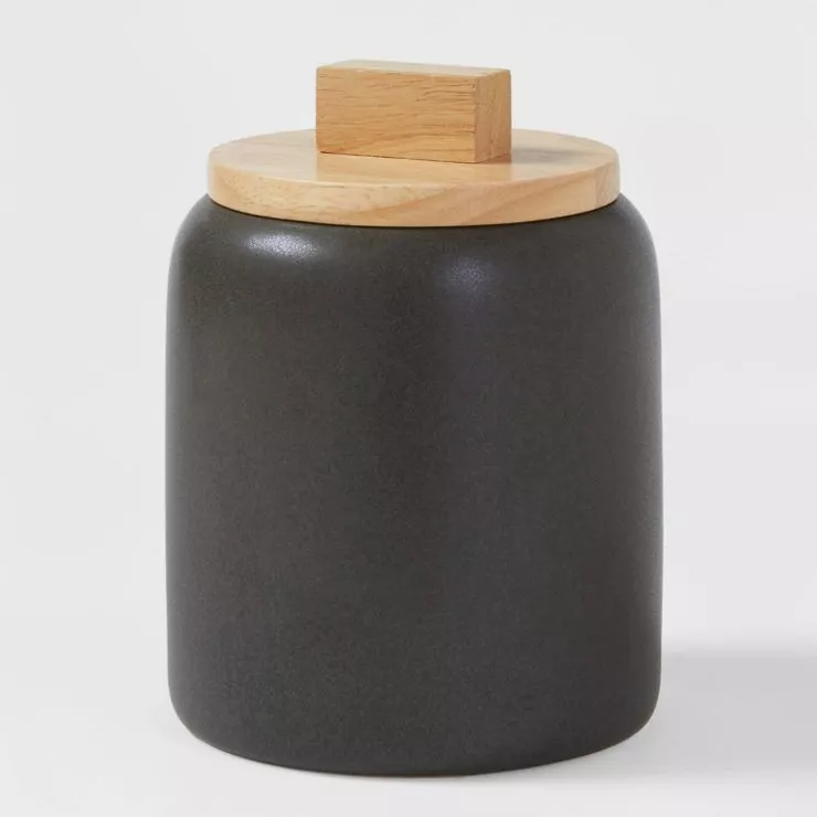 Medium Stoneware Tilley Food Storage Canister With Wood Lid Black