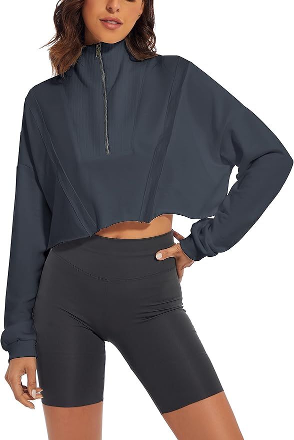 MISSACTIVER Women Casual Half Zipper Patchwork Crop Sweatshirt Drop Shoulder Long Sleeve Raw Hem ... | Amazon (US)