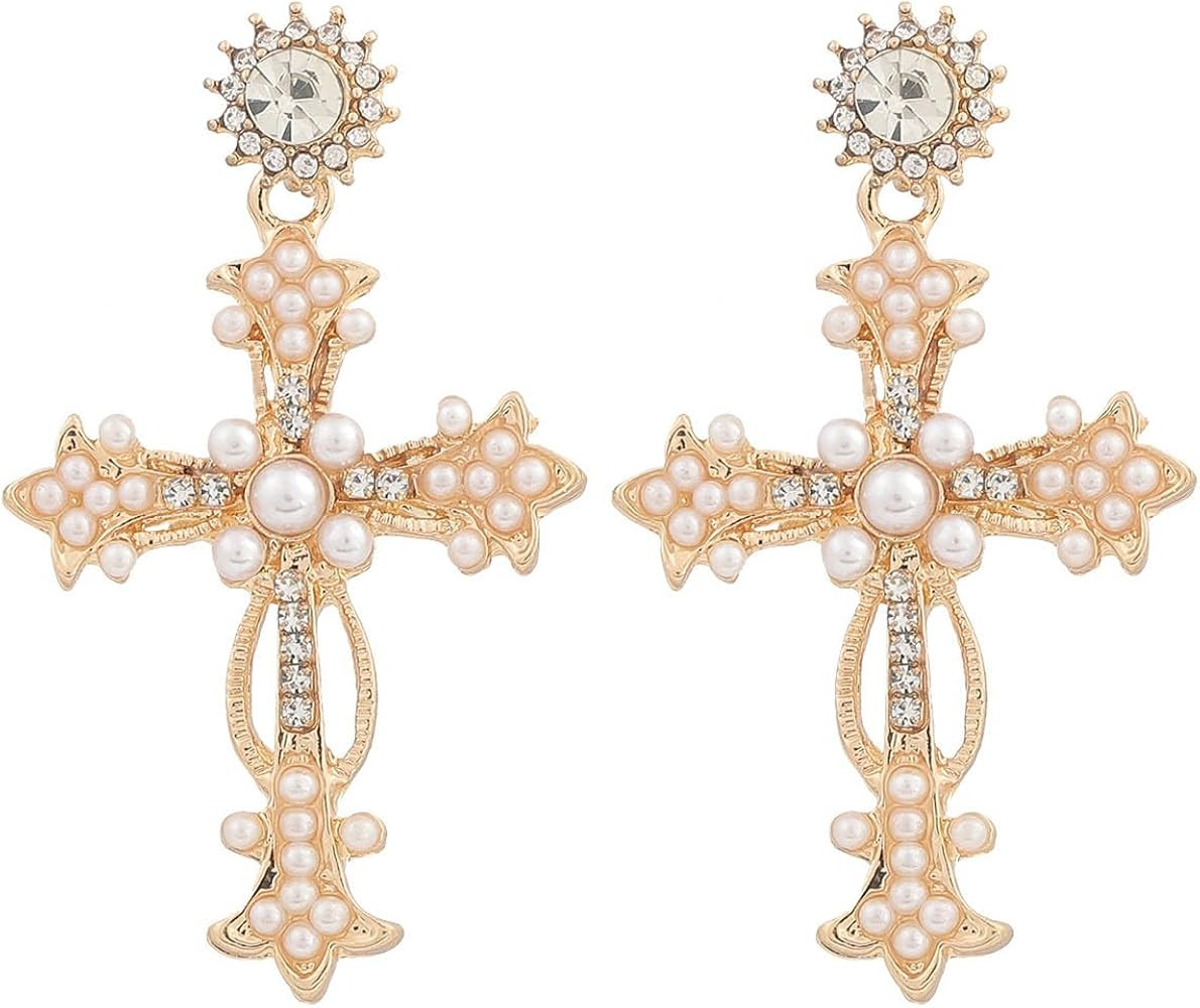 Gold Cross Dangling Earrings for Women, Rhinestone Cross Earrings Pearl Cross Earrings Colorful C... | Amazon (US)