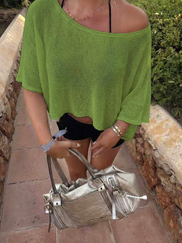 2026 Early Spring Women's Solid Color Asymmetrical Shoulder Sexy Cropped Revealing Waist Batwing Sleeve Knit Cover-Up, Suitable For Beach, Date, Vacation. Women's Spring Outfit, Women's Holiday Wear, Women's Street Style, Women's Concert Attire, Women's Graduation Outfit Summer | SHEIN