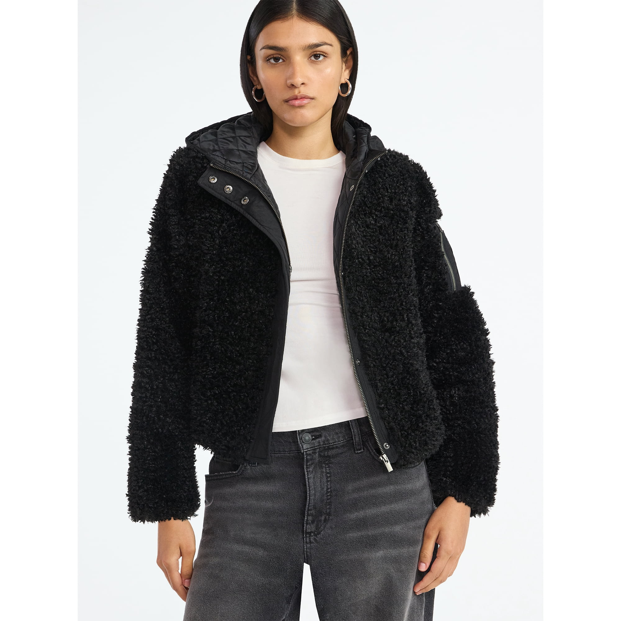 Scoop Women's Mixed Media Teddy Jacket with Hood, Midweight, Sizes XS-XXL - Walmart.com | Walmart (US)