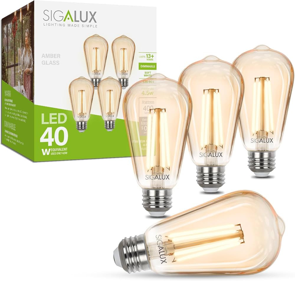 Sigalux Edison LED Light Bulbs, Dimmable Vintage Light Bulbs 40 Watt Equivalent, E26 LED Filament... | Amazon (US)