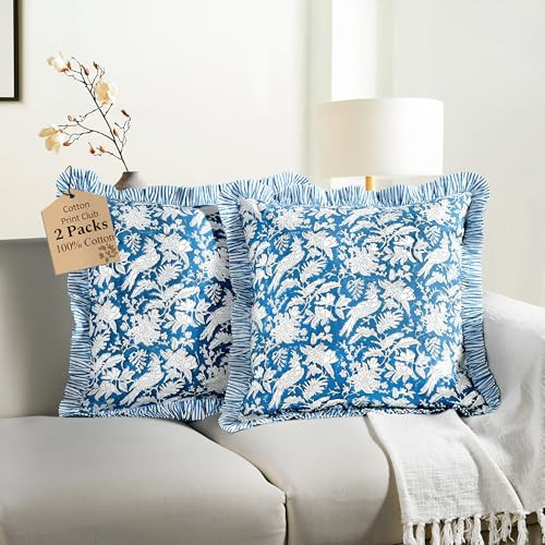 CPC Blue Sapphire Ruffle Throw Pillow Covers for Couch, 20x20 Inch Cotton Stripe Ruffle Couch Pillows for Living Room, Hidden 16 Inch Zipper Boho Pillow Case or Cute Outdoor Pillows | Amazon (US)