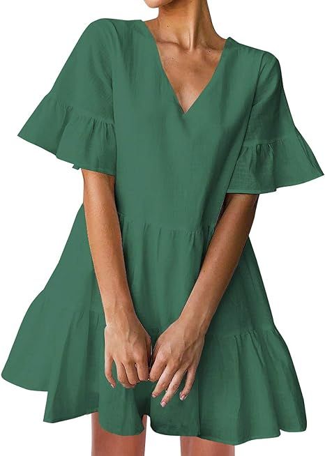 FANCYINN Women’s Cute Shift Dress with Pockets Fully Lined Bell Sleeve Ruffle Hem V Neck Loose ... | Amazon (US)