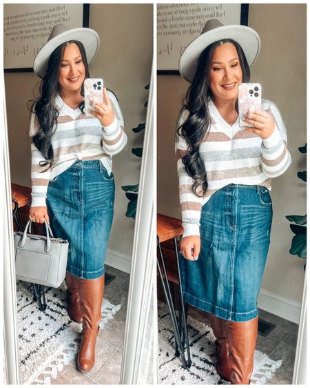 NEW Walmart fall fashion! Striped sweater is SO SO SOFT!!!! Fit is oversized, so I sized down to a medium. Skirt runs true to size - I’m in XL. Fall outfit. Fall style. Denim skirt. Free assembly skirt. Striped sweater. Cozy sweater. Walmart finds! 

#LTKSeasonal #LTKstyletip #LTKunder50