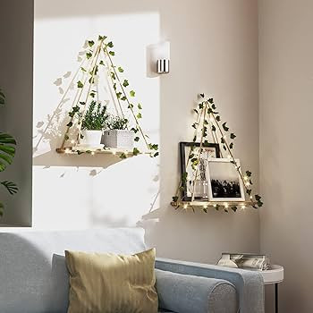 RICHER HOUSE Artificial Ivy LED-Strip Wall Hanging Shelves Set of 2, Macrame Shelf for Bedroom Li... | Amazon (US)